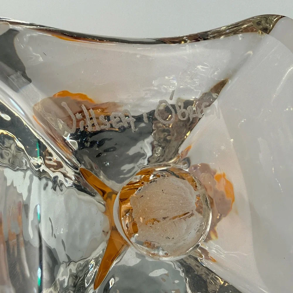 Willsea | O'Brien Orange Art Glass Trumpet Vase Signed Clear Crystal Base